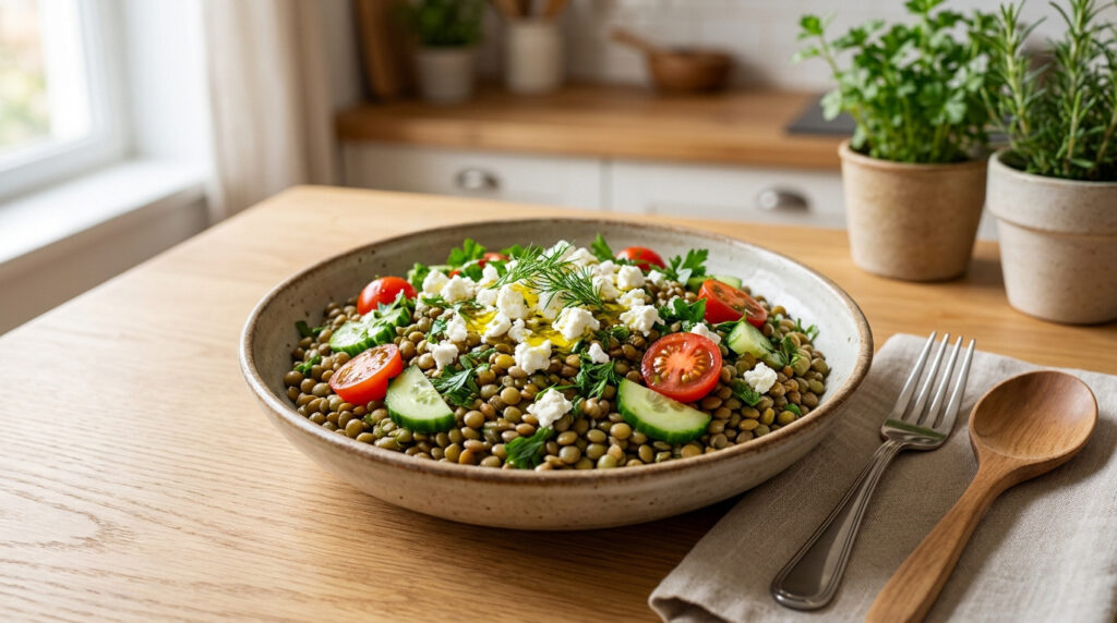 Une salade de lentilles avec tomates, concombres et feta dans un bol en céramique posé sur une table en bois.