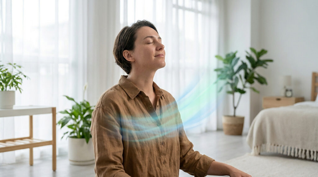Femme sereine pratiquant des exercices de respiration dans un intérieur lumineux et apaisant.