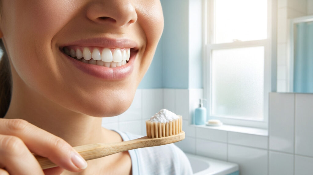 Gros plan sur un sourire éclatant tenant une brosse à dents en bambou avec une dose de bicarbonate de soude.