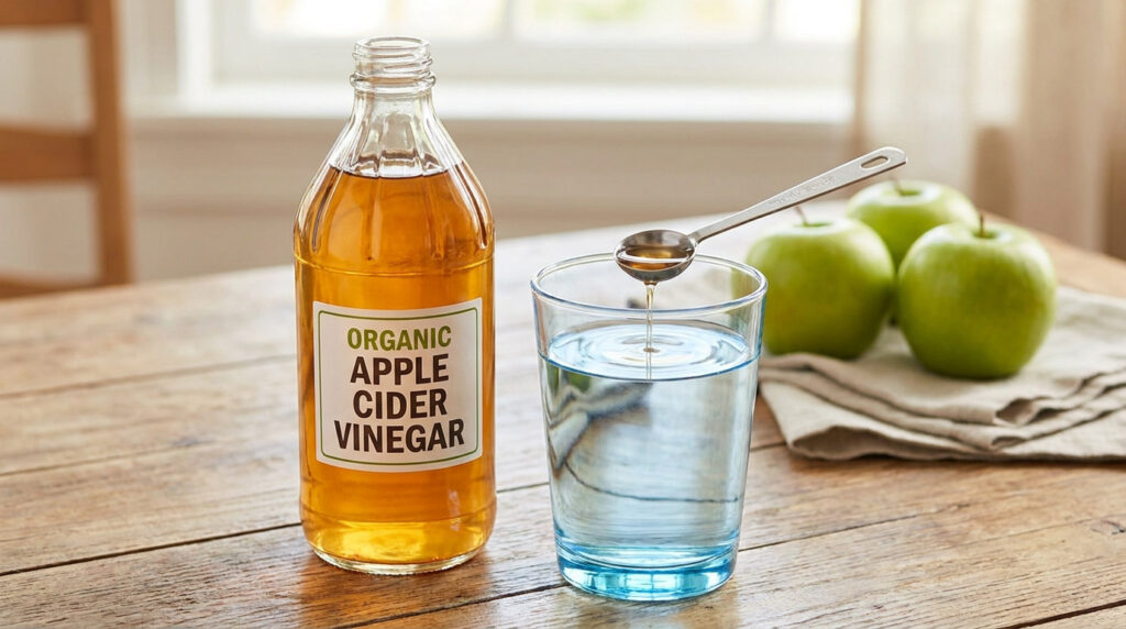 Une bouteille de vinaigre de cidre bio à côté d'un verre d'eau et de pommes vertes sur une table en bois.