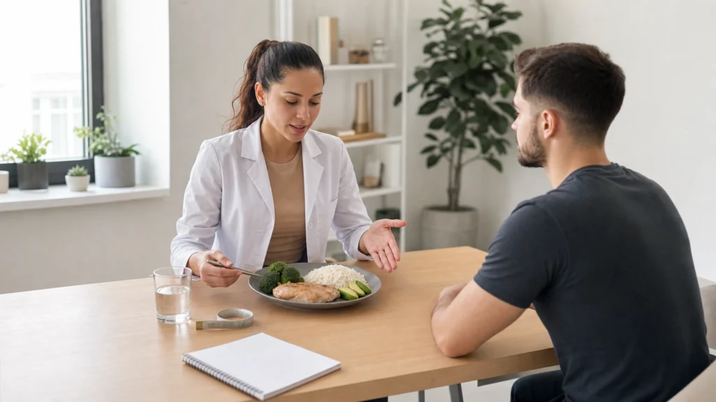 Illustration éditoriale pour l’article « Pourquoi voir un nutritionniste pour votre prise de masse »