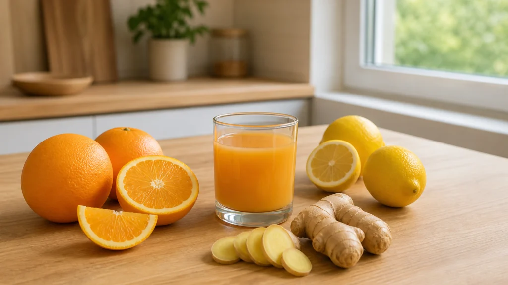 Illustration éditoriale pour l’article « Les bienfaits orange citron gingembre pour votre vitalité »