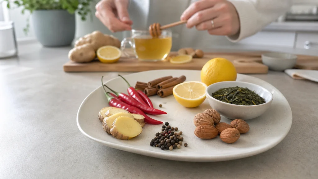 Illustration éditoriale pour l’article « Optimisez votre métabolisme grâce aux aliments thermogénèse »