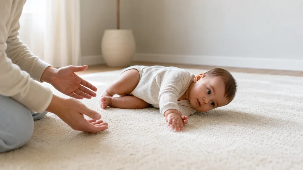 Illustration éditoriale pour l’article « À quel âge bébé se retourne et comment aider sa mobilité »