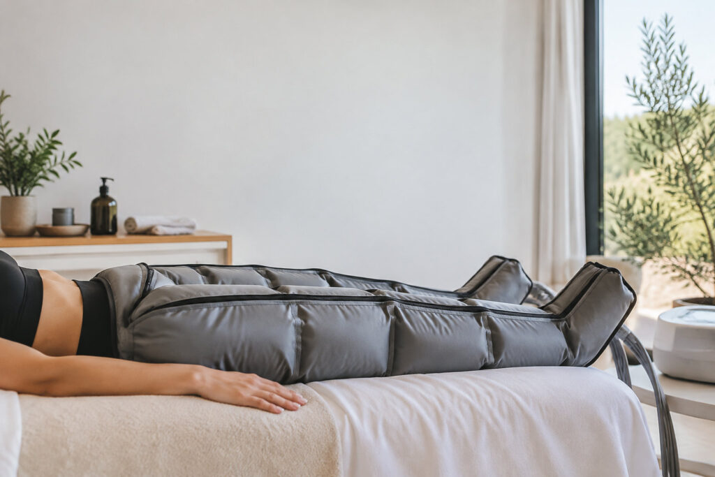 Une femme allongée sur une table de massage reçoit un soin par pressothérapie avec des bottes de compression grises.