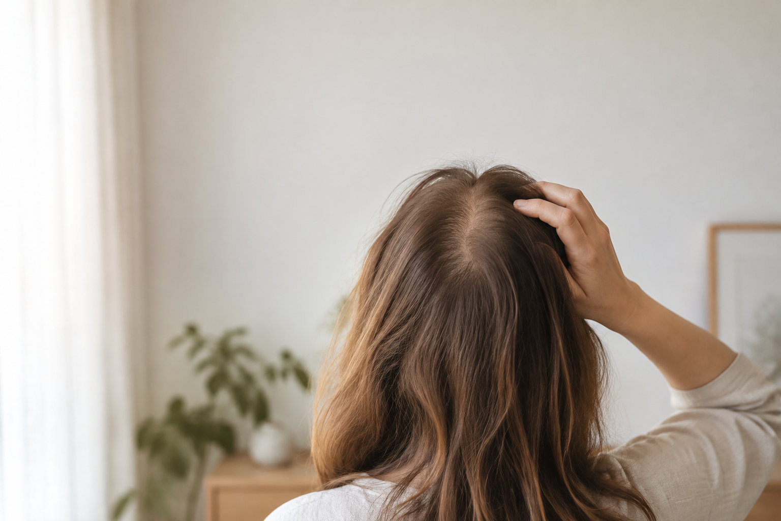 Vue arrière d'une femme aux cheveux châtains clairsemés au sommet du crâne, la main posée sur sa tête.