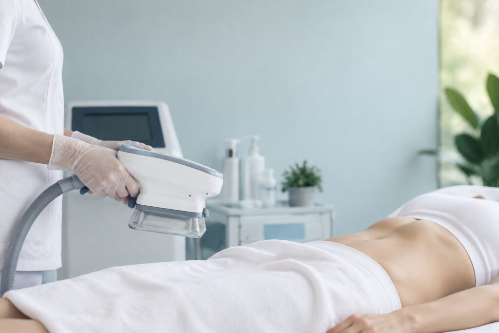 Un professionnel de santé utilise un applicateur de cryolipolyse sur l'abdomen d'une patiente allongée en cabinet.