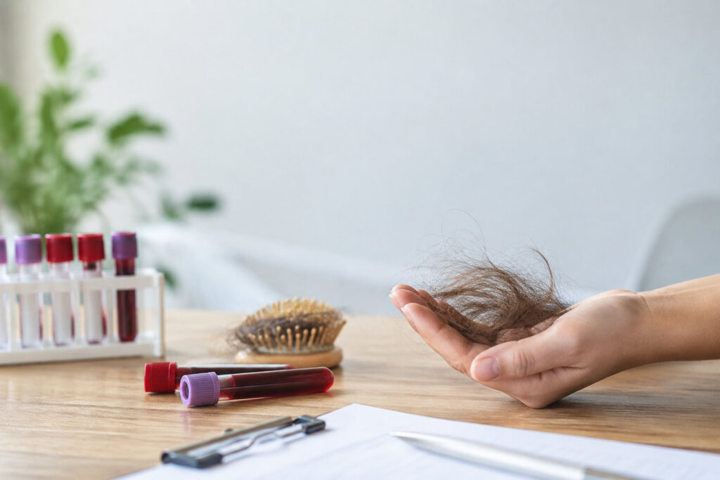 Main tenant une touffe de cheveux tombés, avec des tubes de prélèvement sanguin et une brosse en arrière-plan.