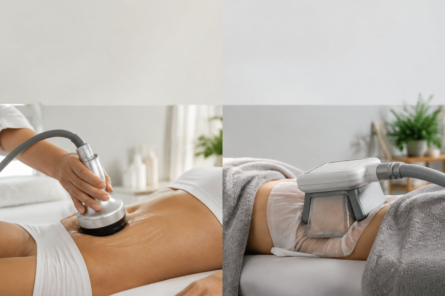Collage comparant un soin de lipocavitation et une séance de cryolipolyse sur l'abdomen.
