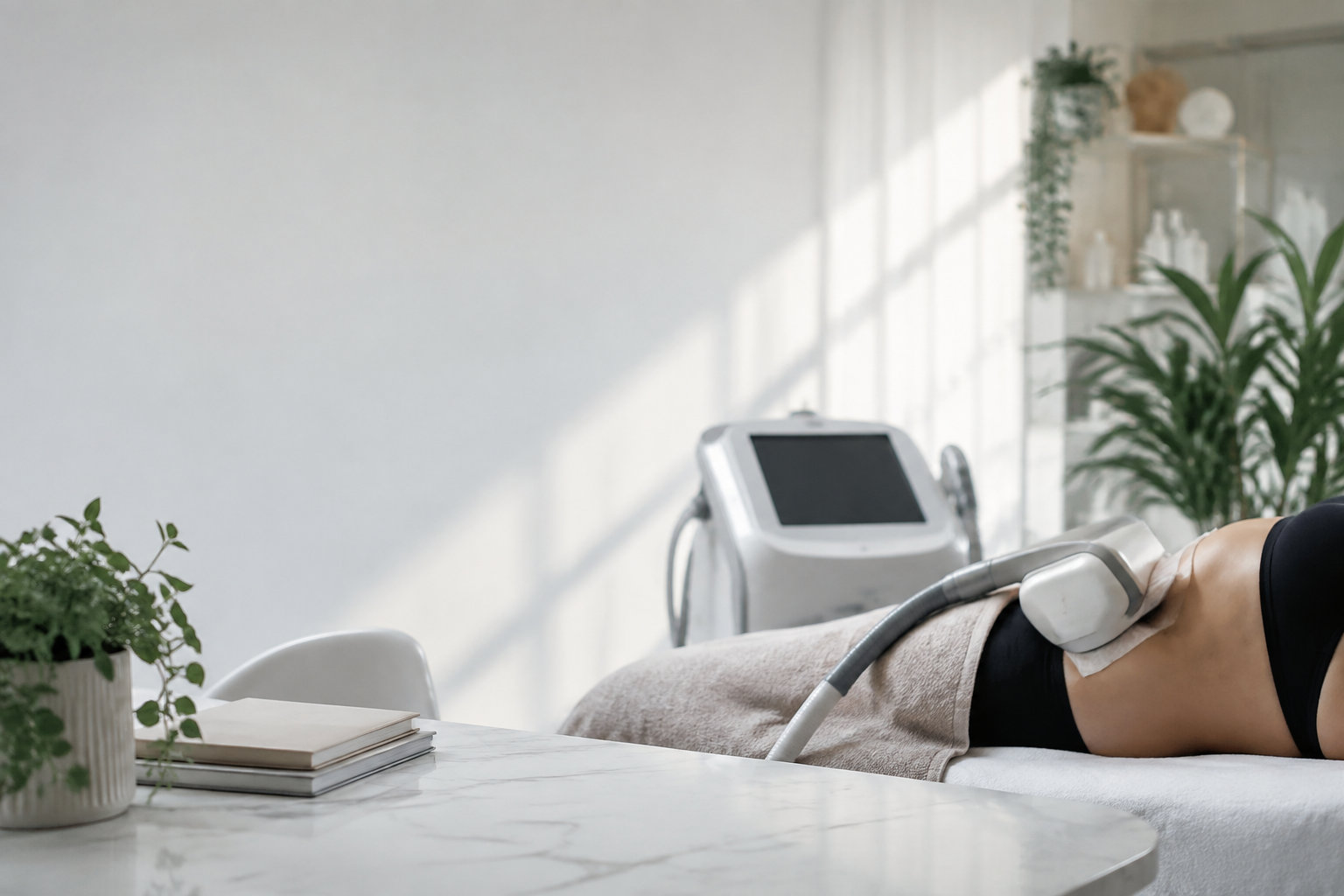 Une femme allongée sur une table de soin reçoit un traitement de cryolipolyse avec un appareil esthétique professionnel.