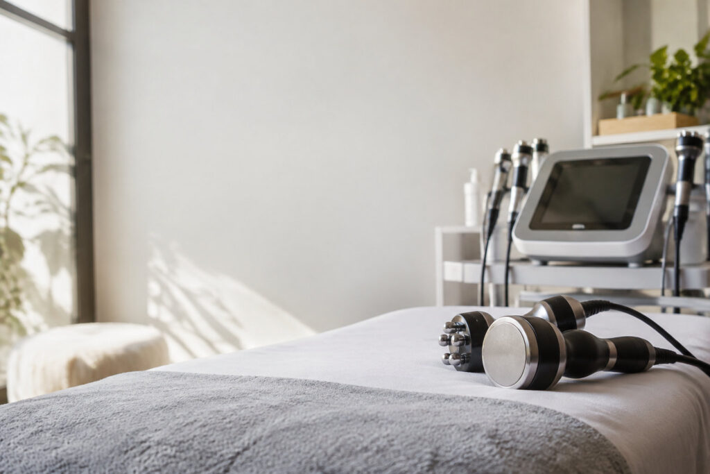 Appareil de lipocavitation et radiofréquence posé sur une table de soin dans une cabine d'esthétique lumineuse.