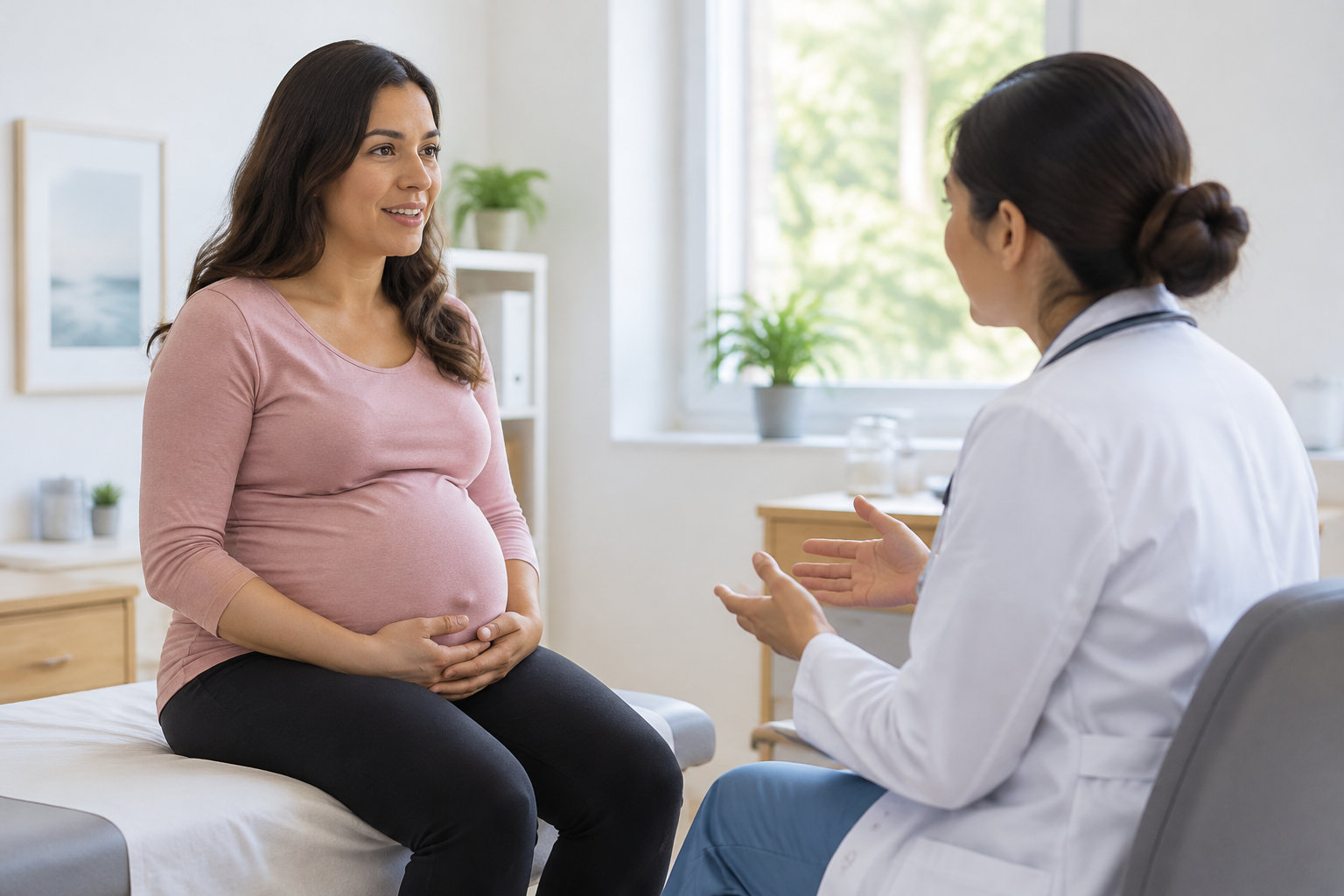Une femme enceinte assise sur une table d’examen échange avec une professionnelle de santé dans un cabinet médical.