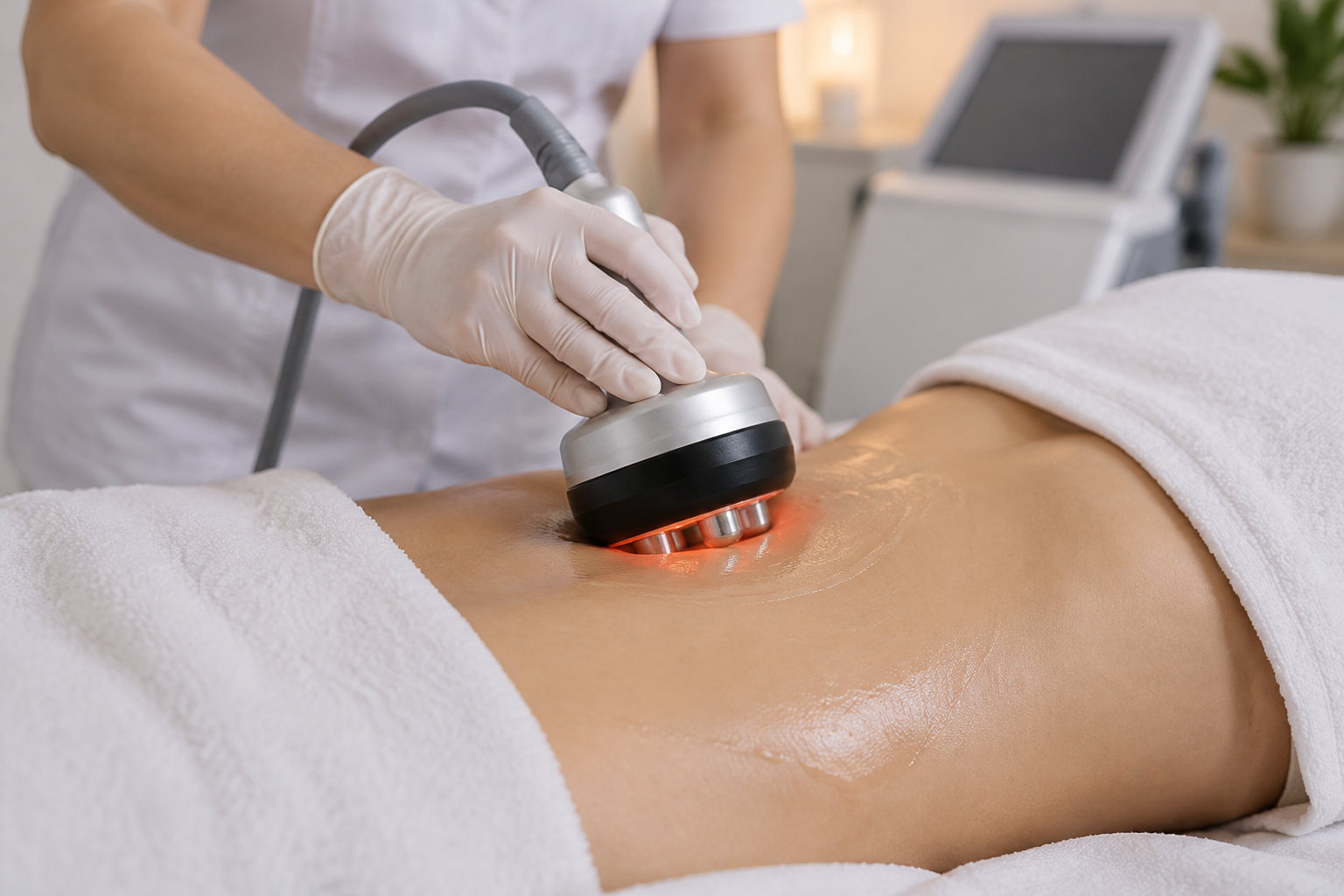 Une personne gantée applique un appareil de soin esthétique lumineux sur le ventre d’une personne allongée, couvert de gel et bordé de serviettes blanches.