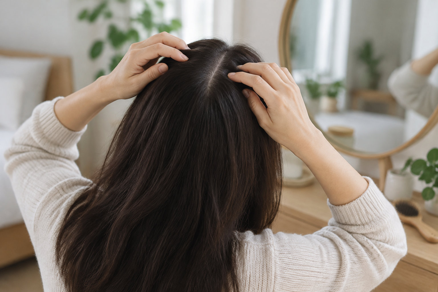 Une personne en pull clair écarte ses longs cheveux bruns avec les doigts devant un miroir, dans une pièce lumineuse.