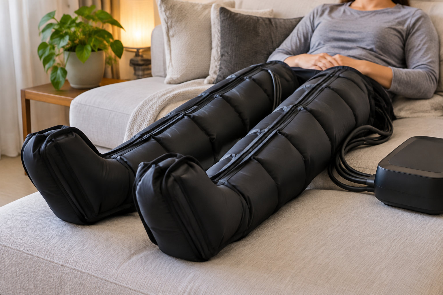 Une personne assise sur un canapé porte des bottes de compression noires reliées à un appareil posé à côté d’elle.
