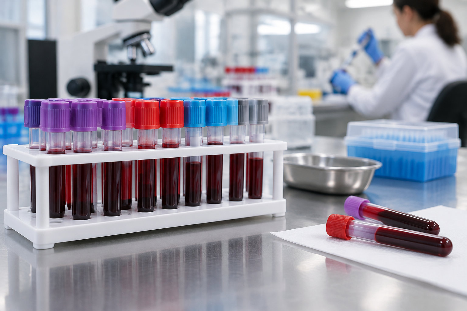 Des tubes de prélèvement remplis de sang sont rangés dans un portoir sur une paillasse de laboratoire, tandis qu’une personne manipule une pipette en arrière-plan.