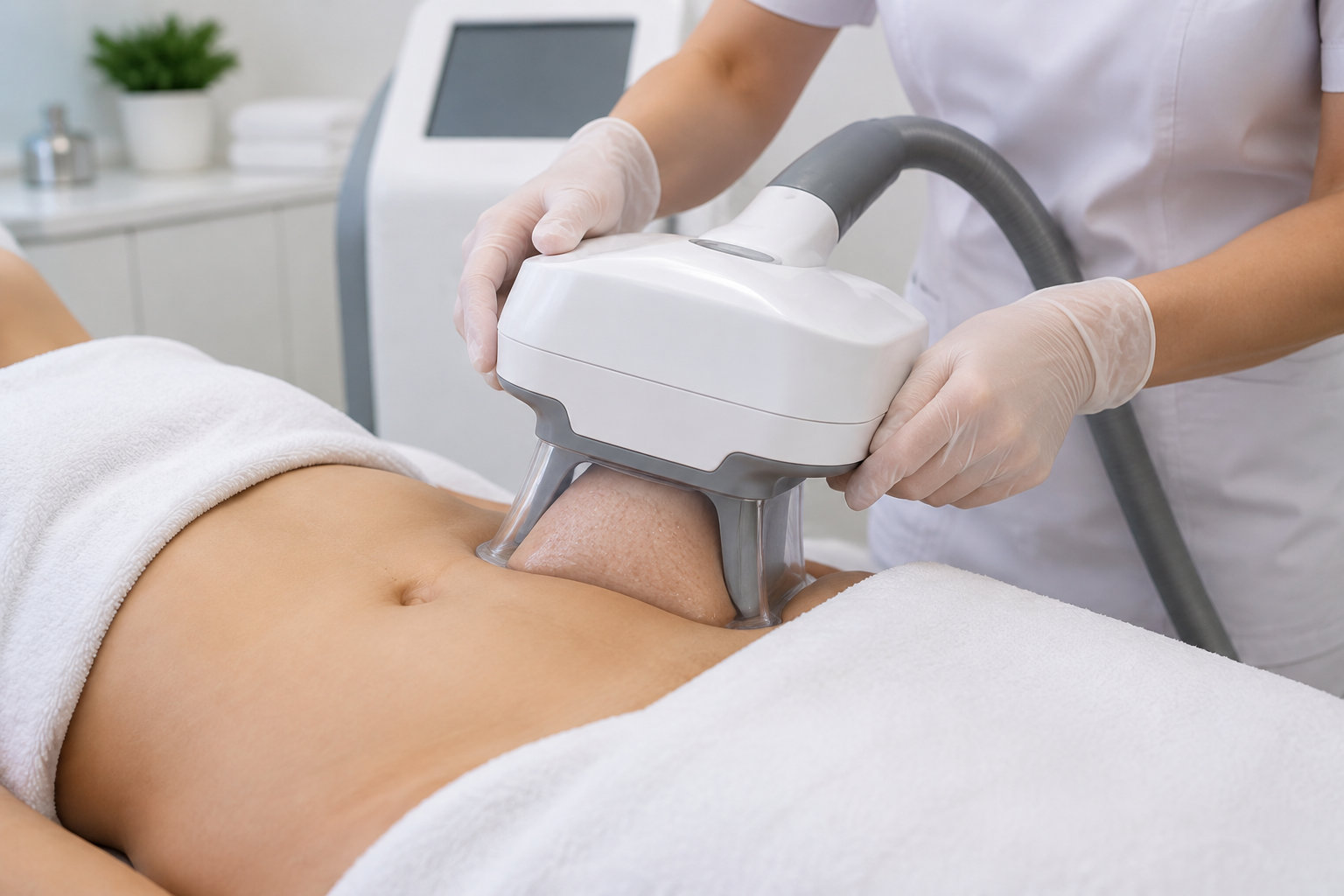 Une praticienne gantée applique un appareil esthétique sur l’abdomen d’une personne allongée, couvert de serviettes blanches.