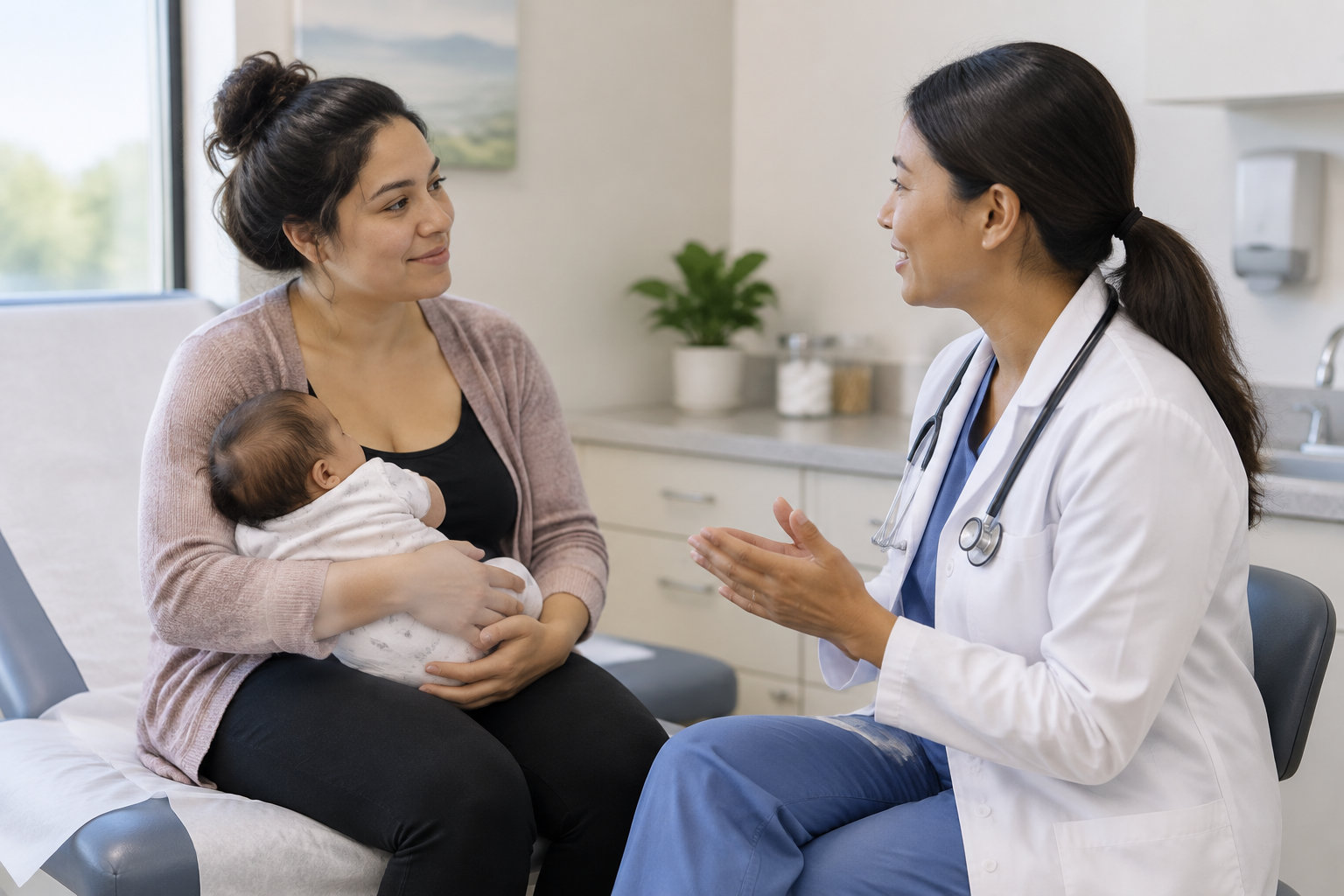 Une médecin en blouse blanche échange avec une mère qui tient un nourrisson dans ses bras, dans un cabinet médical.
