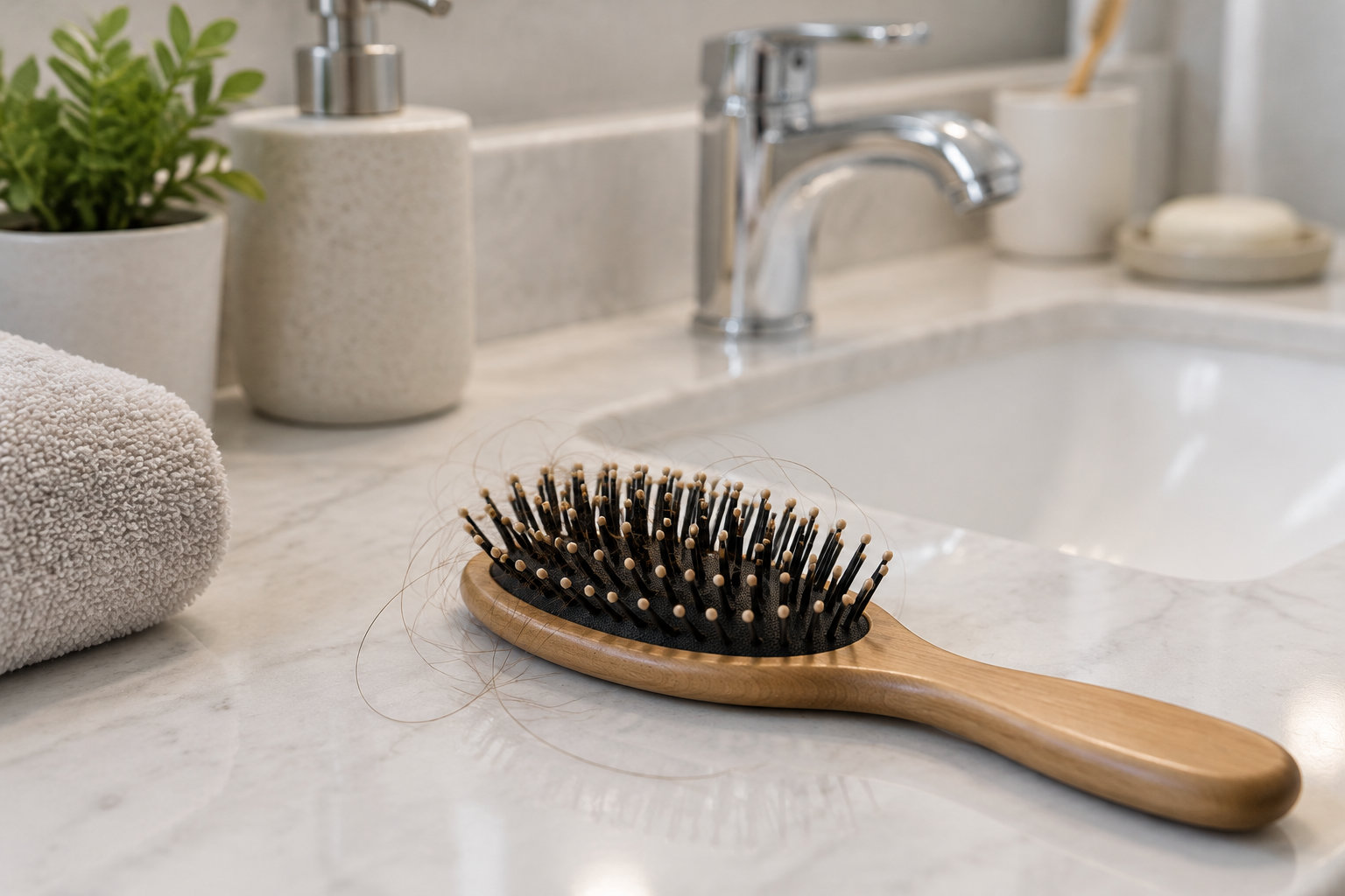 Une brosse à cheveux en bois, couverte de cheveux, repose sur un comptoir de salle de bain près d’un lavabo, d’une serviette et d’une plante.