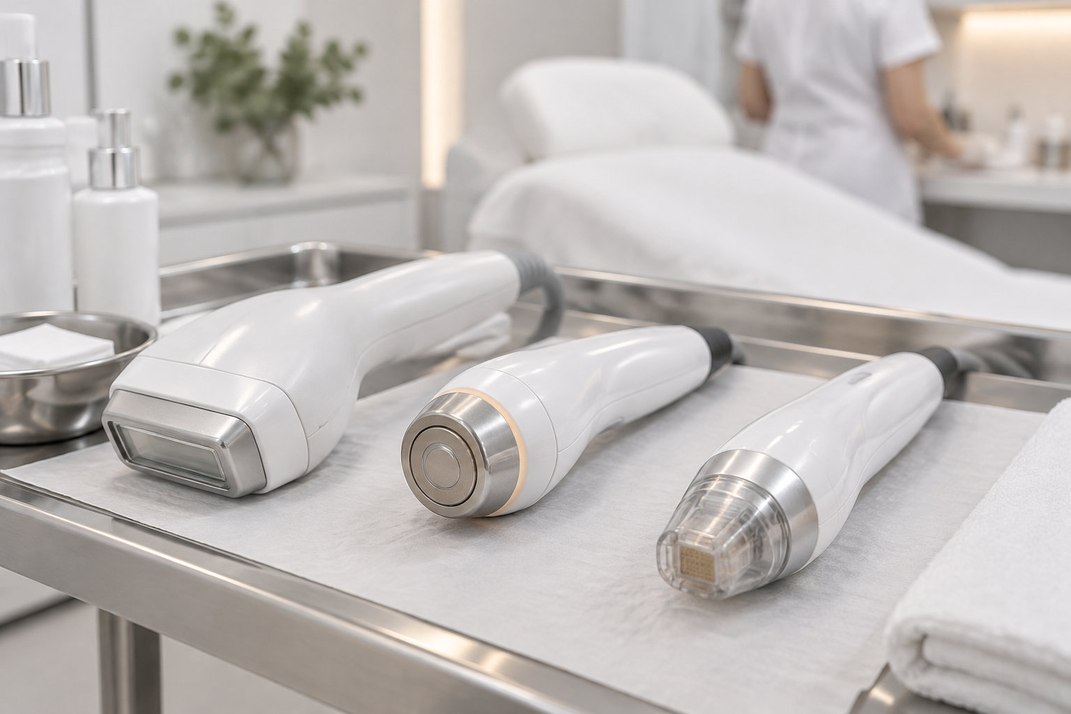 Trois appareils de soin blancs sont posés sur une table métallique dans une pièce de soins, avec une personne en tenue blanche en arrière-plan.