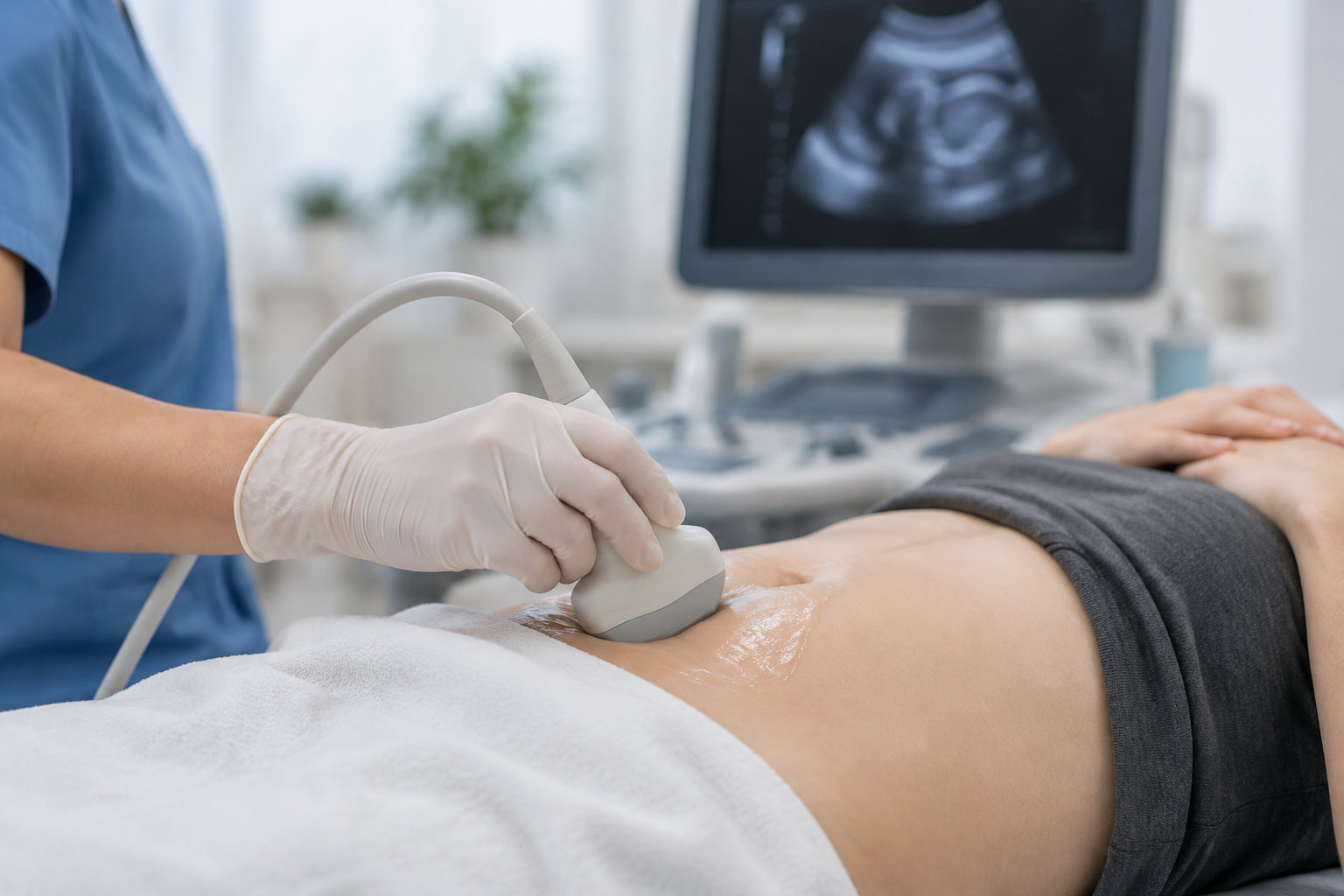 Une professionnelle de santé effectue une échographie sur l’abdomen d’une personne allongée, tandis qu’un écran affiche une image échographique.
