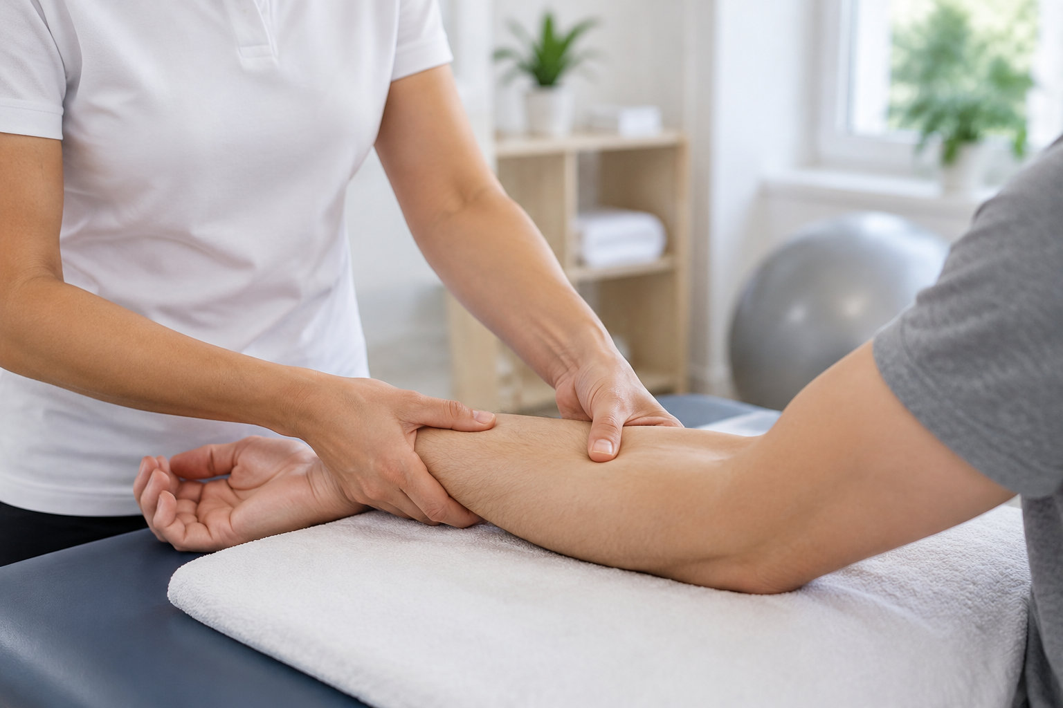 Une personne en blouse blanche manipule l’avant-bras d’une personne allongée sur une table recouverte d’une serviette, dans une salle de soins.