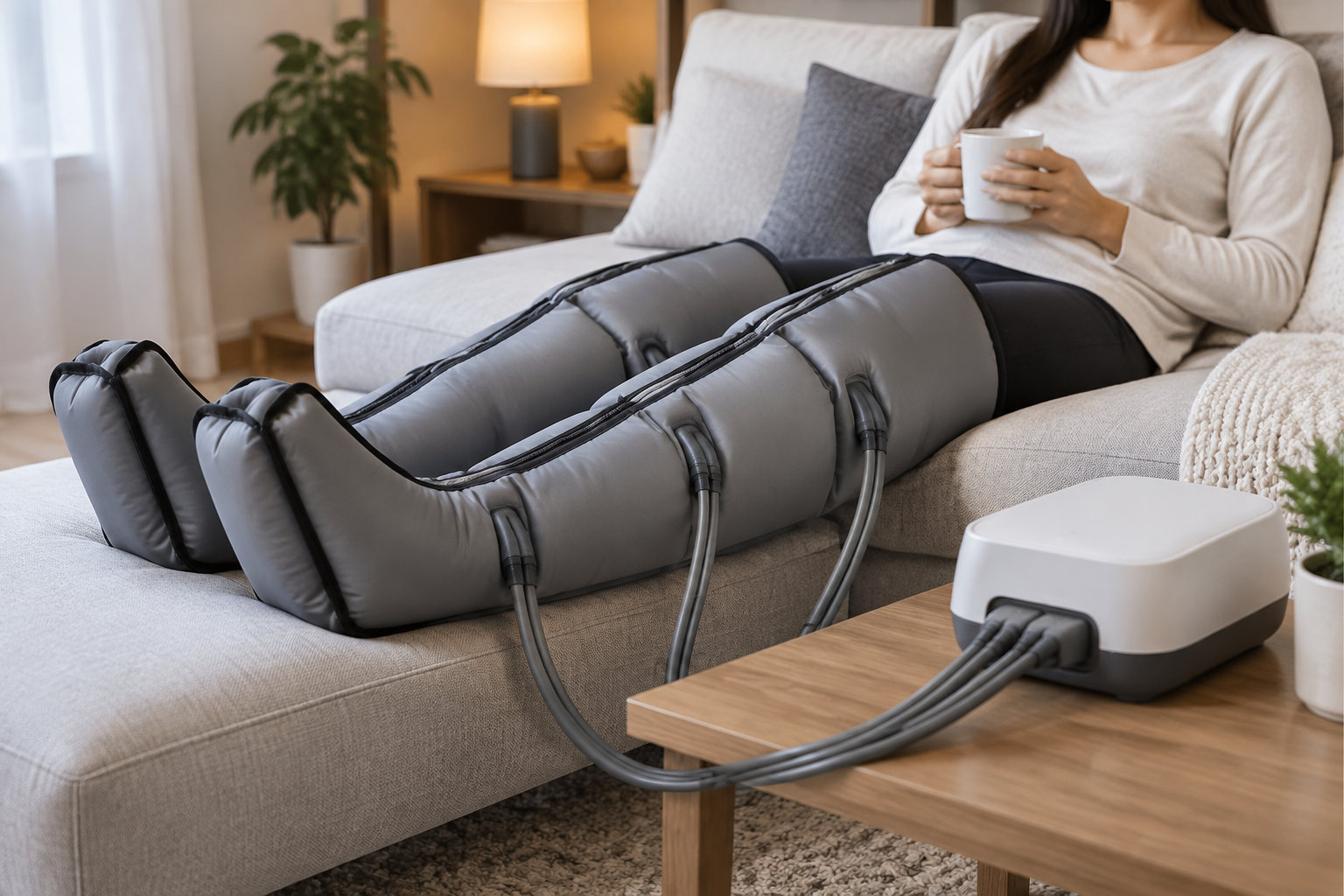 Une femme assise sur un canapé tient une tasse tandis que ses jambes sont enveloppées dans des manchons de compression reliés par des tuyaux à un appareil posé sur une table basse.