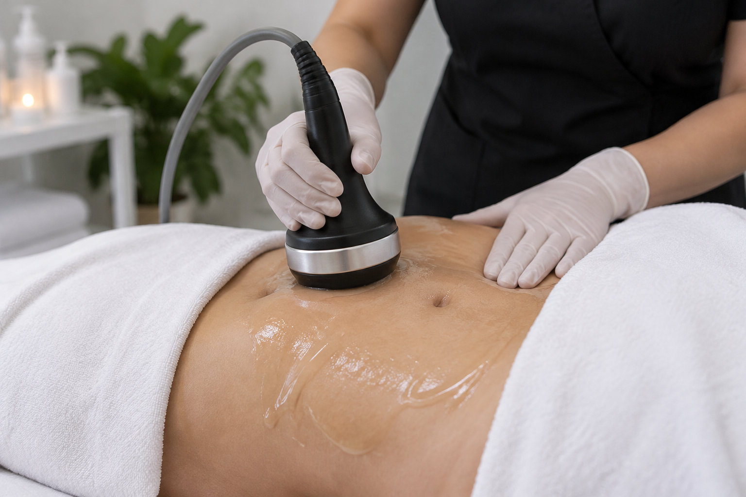 Une personne gantée applique un appareil de soin sur l’abdomen enduit de gel d’une personne allongée, recouverte de serviettes blanches.