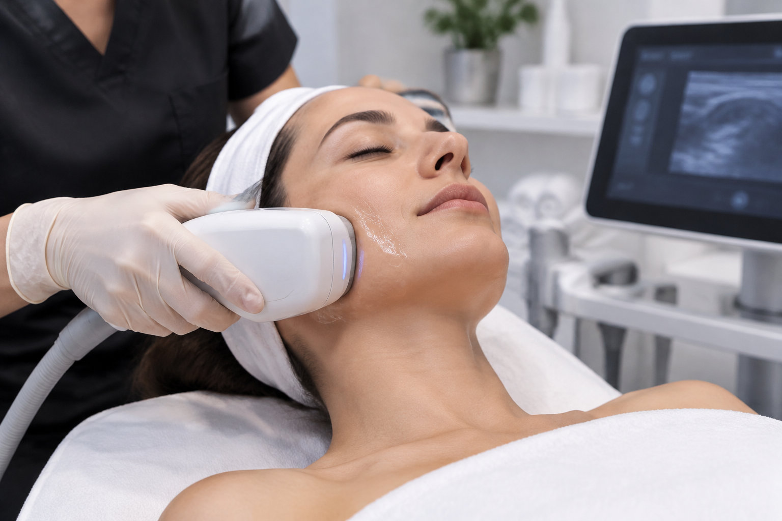 Une praticienne applique un appareil à ultrasons sur la joue d’une femme allongée dans une salle de soins.