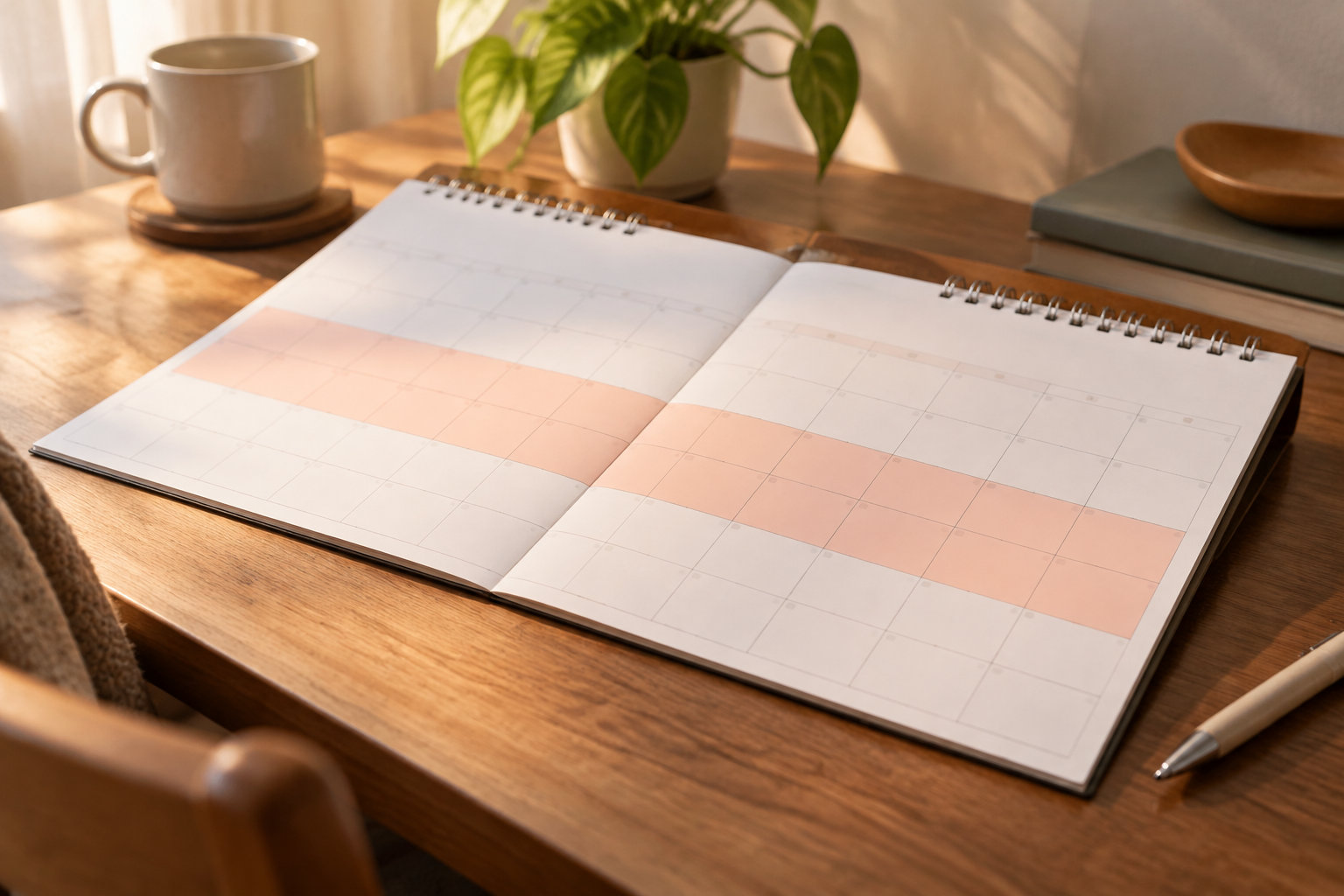 Un agenda ouvert avec une grille de calendrier aux cases vierges est posé sur un bureau en bois, près d’un stylo, d’une tasse et d’une plante.