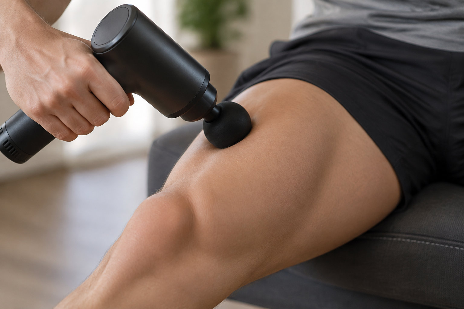 Une personne applique un pistolet de massage sur la cuisse d’une personne allongée.