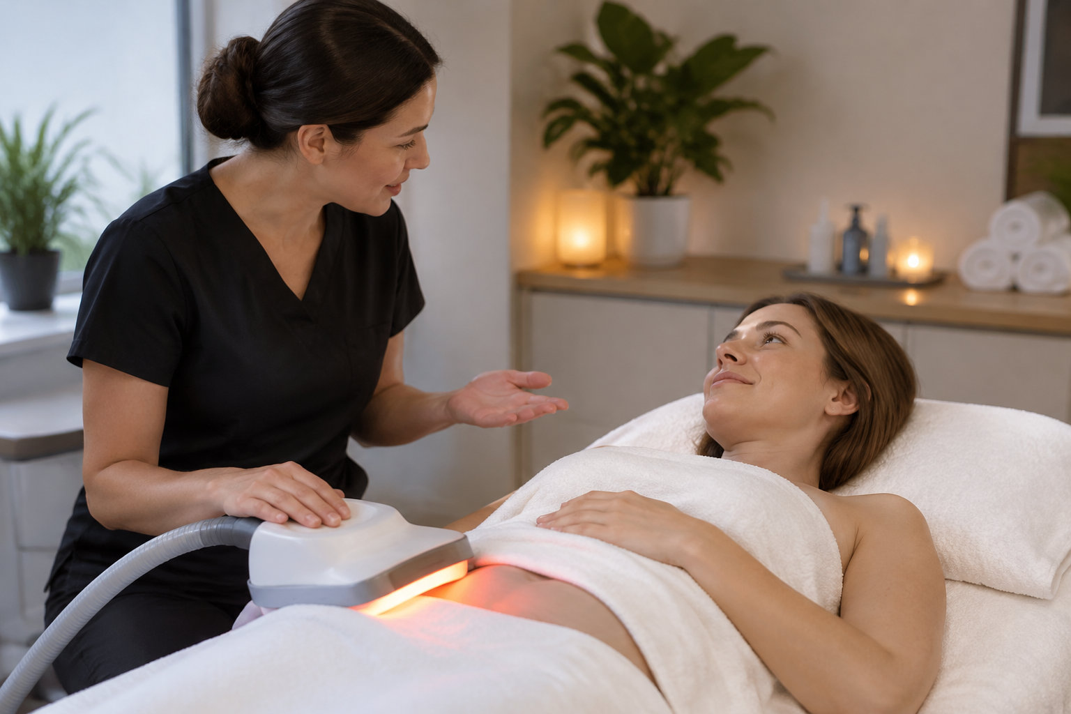 Une praticienne applique un appareil lumineux sur le ventre d’une femme allongée, dans une salle de soins.
