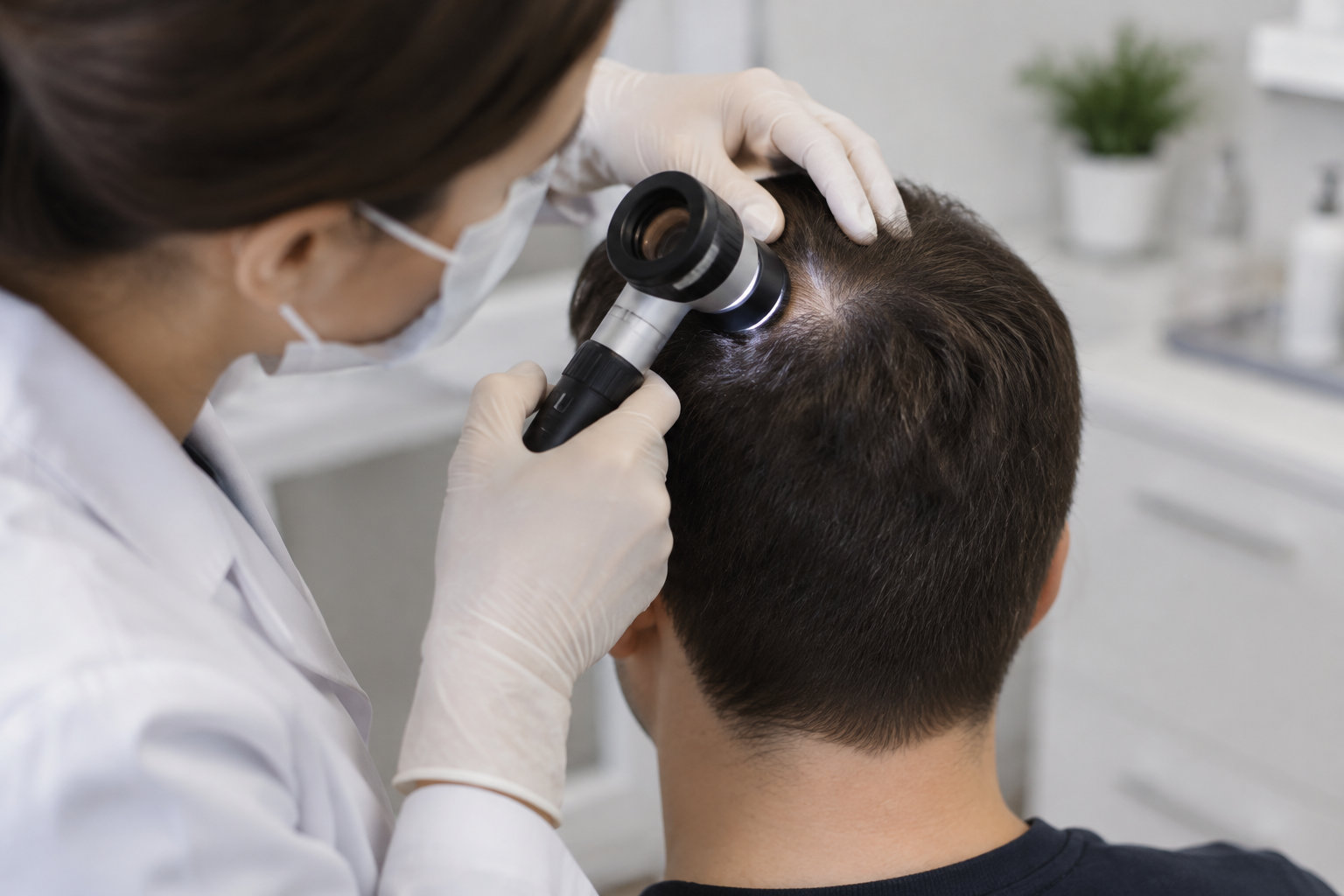 Un professionnel en blouse et gants examine le cuir chevelu d’un patient avec un appareil optique, dans une pièce de consultation.