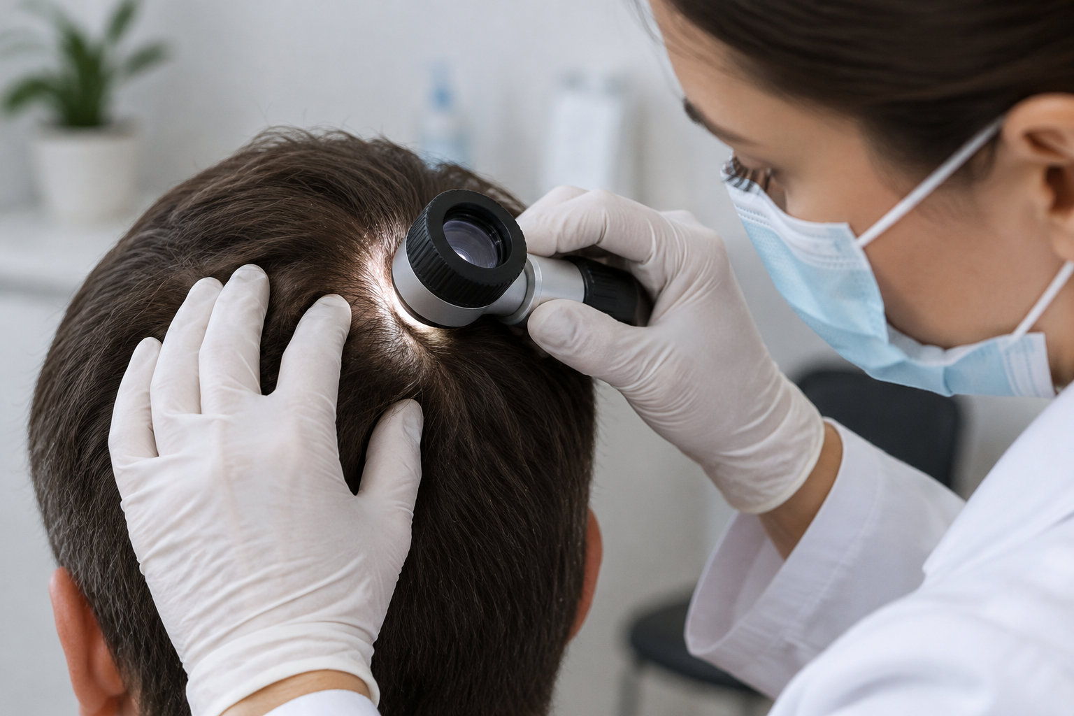 Une professionnelle de santé gantée examine le cuir chevelu d’une personne avec un instrument optique, dans un cabinet médical.