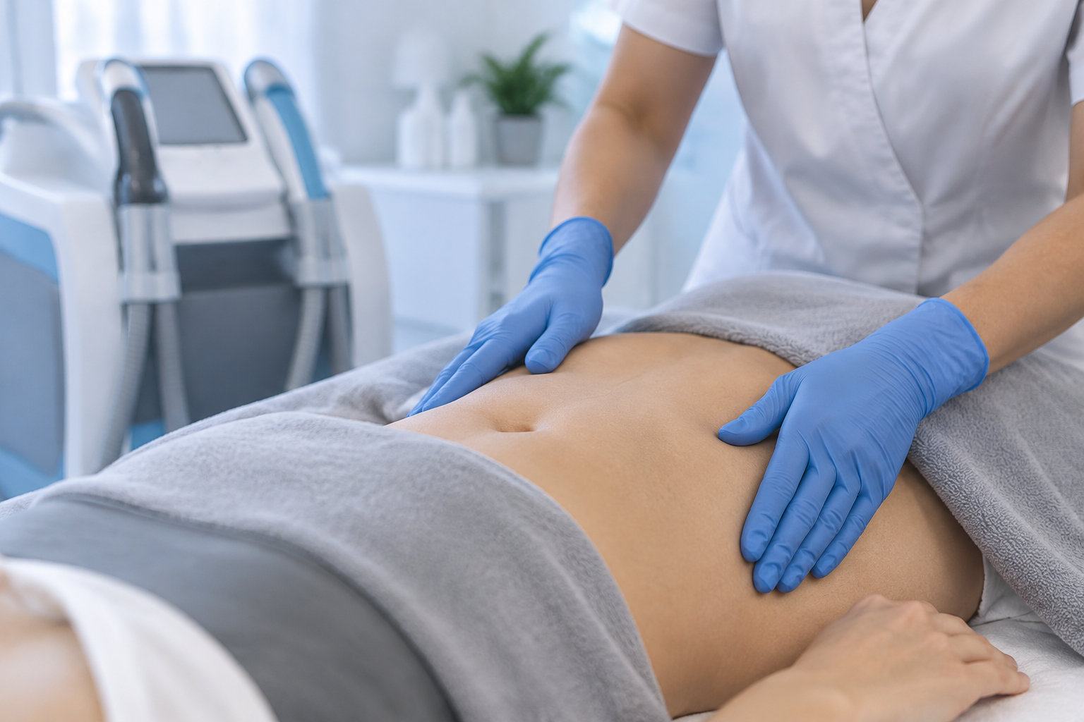 Une professionnelle en blouse blanche et gants bleus pose les mains sur le ventre découvert d’une personne allongée sous une couverture grise.
