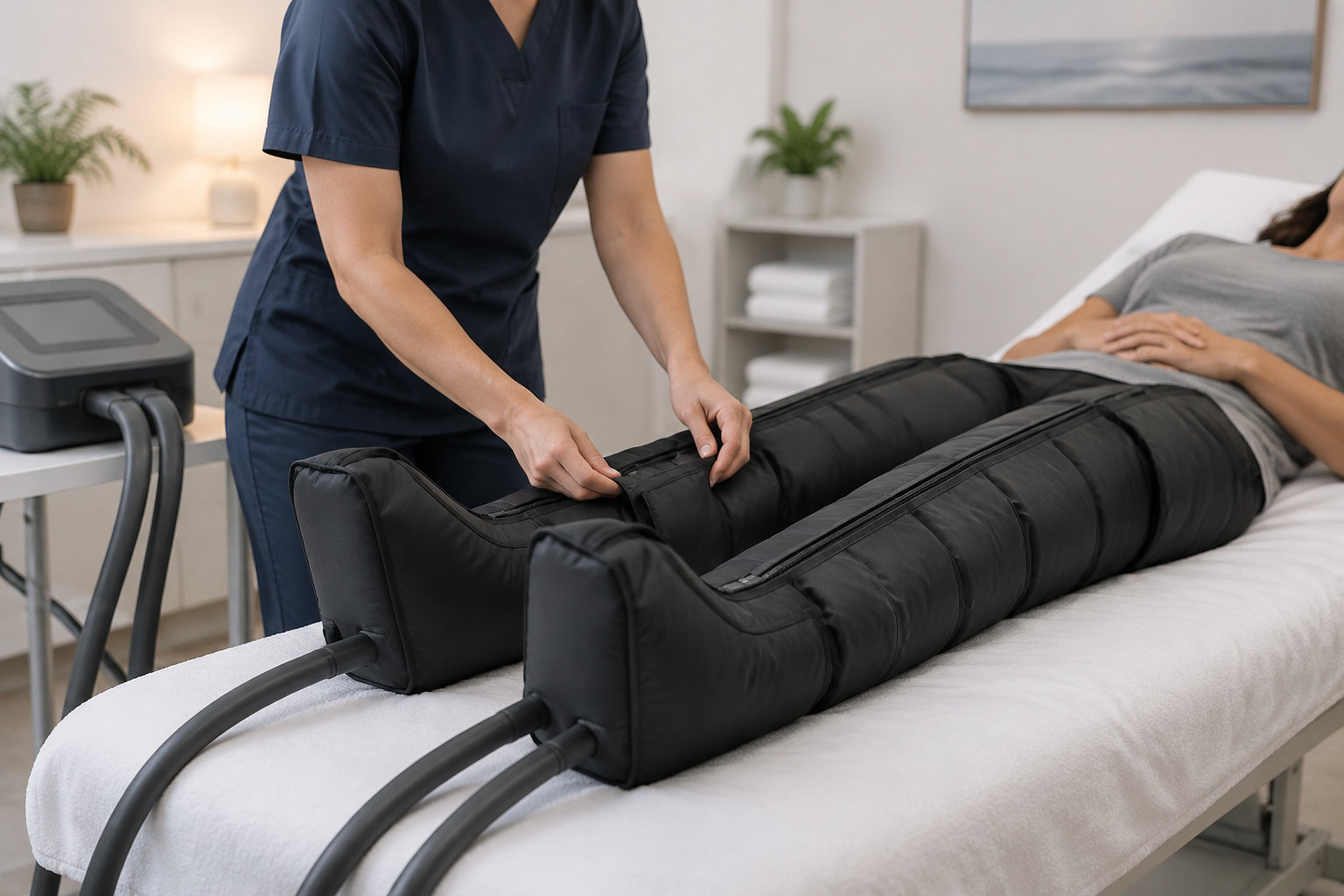 Une professionnelle ajuste des manchons noirs reliés à des tuyaux autour des jambes d’une personne allongée sur une table de soin.