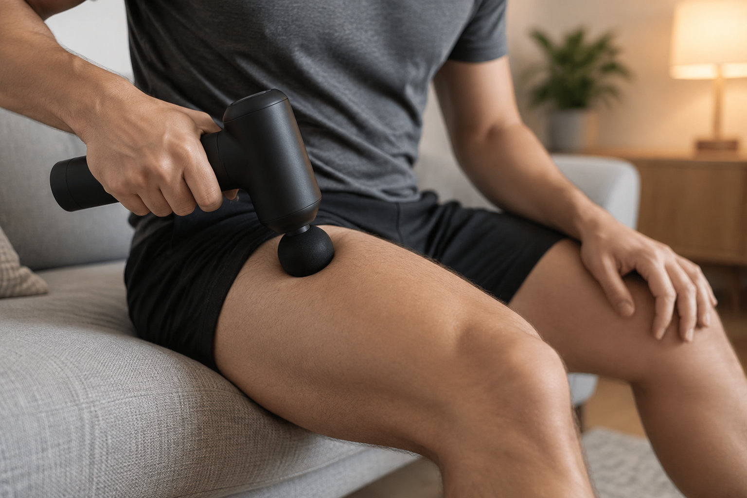 Un homme assis sur un canapé utilise un appareil de massage à percussion sur sa cuisse.