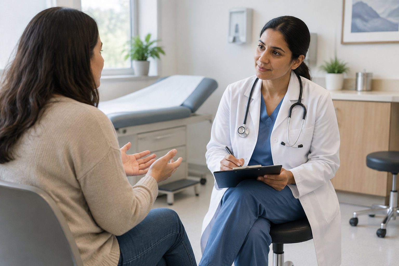Une médecin assise prend des notes sur un porte-bloc tandis qu’une patiente lui parle dans un cabinet médical.