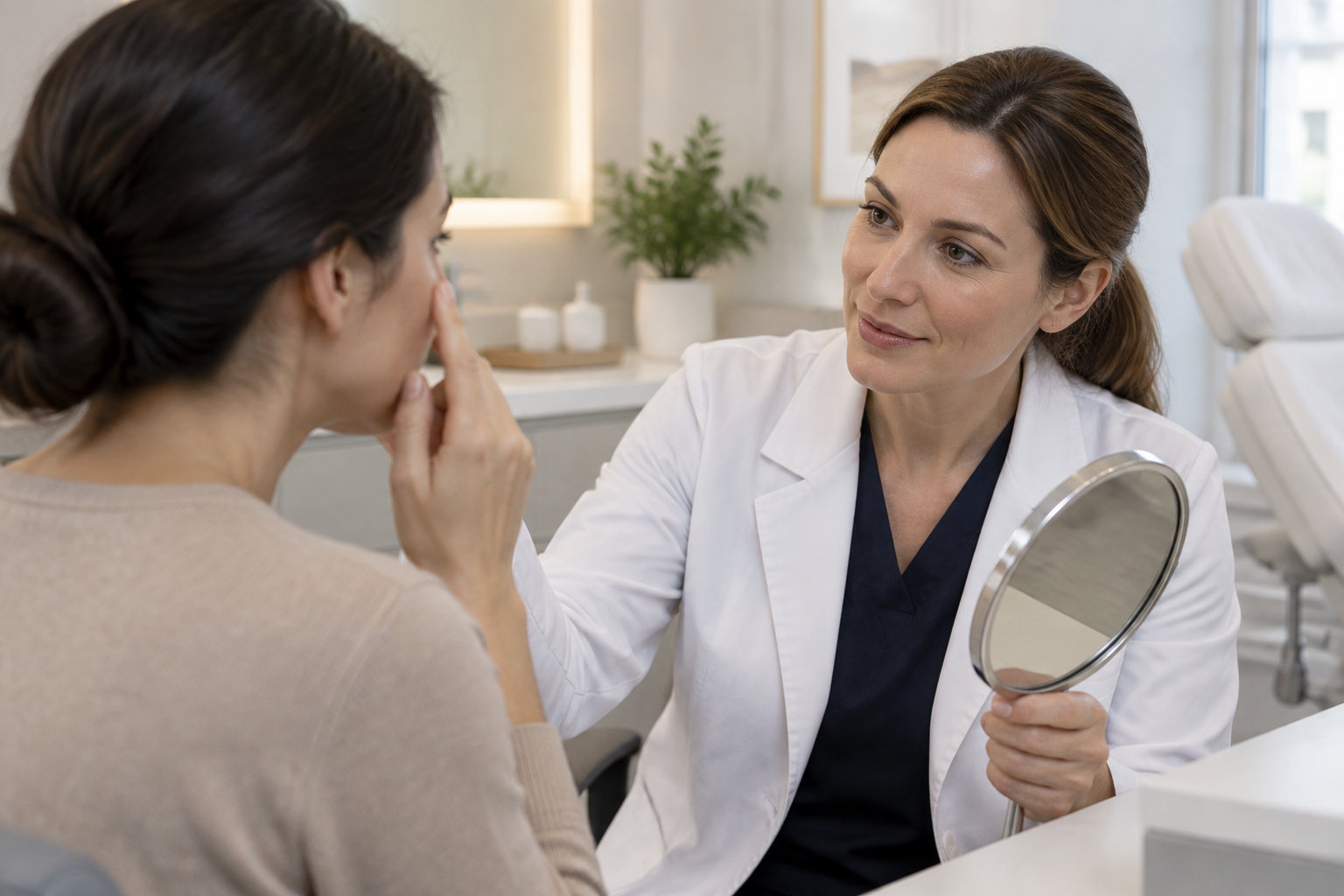 Une professionnelle en blouse blanche tient un miroir et examine le visage d’une patiente dans un cabinet de soins.