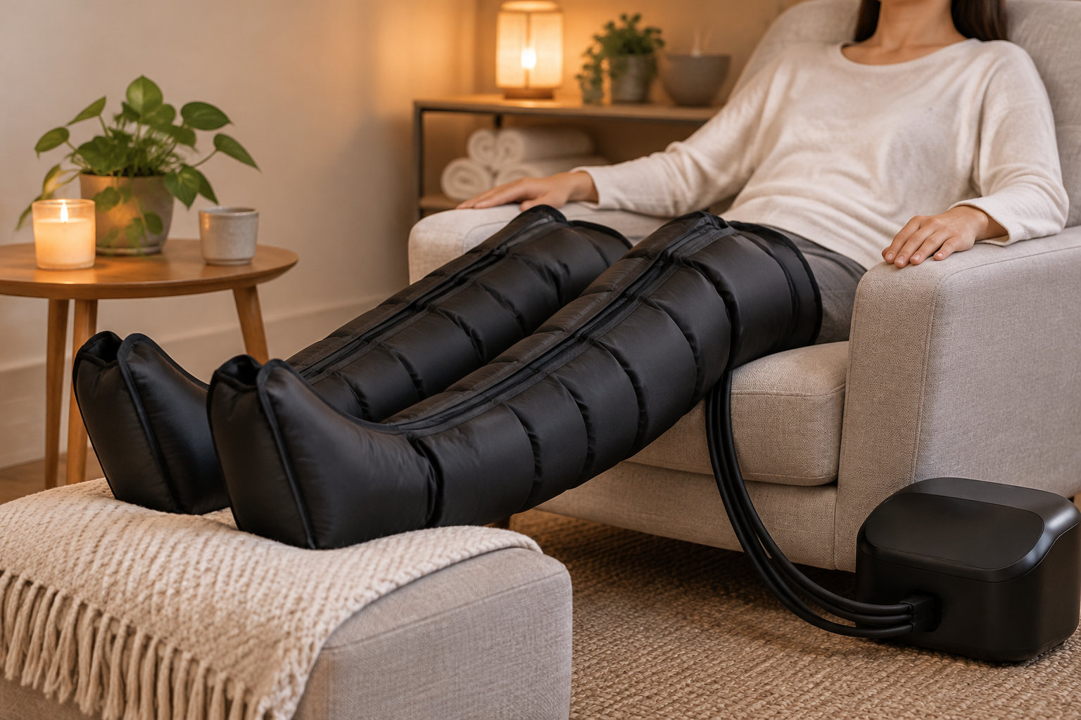 Une personne assise dans un fauteuil porte des bottes de compression reliées à un appareil posé au sol, dans un salon éclairé par des bougies.