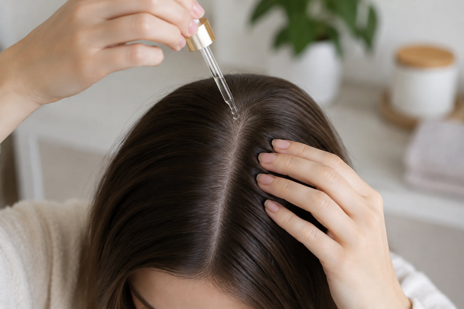 Une personne applique un sérum avec une pipette sur la raie de ses cheveux.
