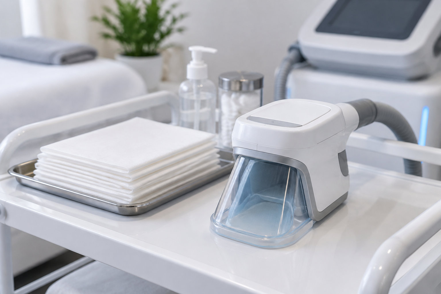Un appareil de soin blanc avec un réservoir transparent est posé sur une table, à côté d’un plateau de serviettes pliées dans une pièce de soin.
