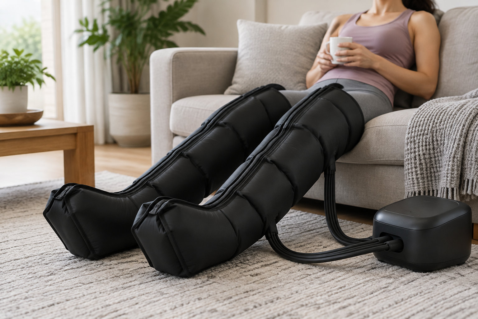 Une personne assise sur un canapé utilise des bottes de compression reliées à un appareil posé sur un tapis.