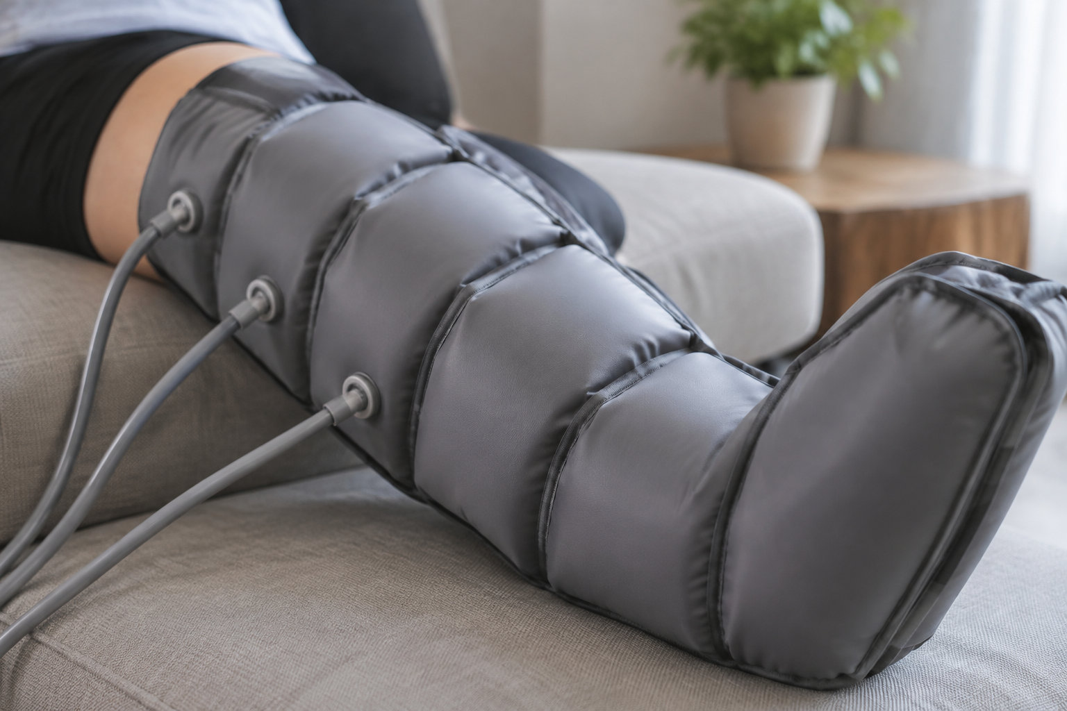 Une personne porte une manche de compression grise reliée par des tuyaux et repose la jambe sur un canapé.