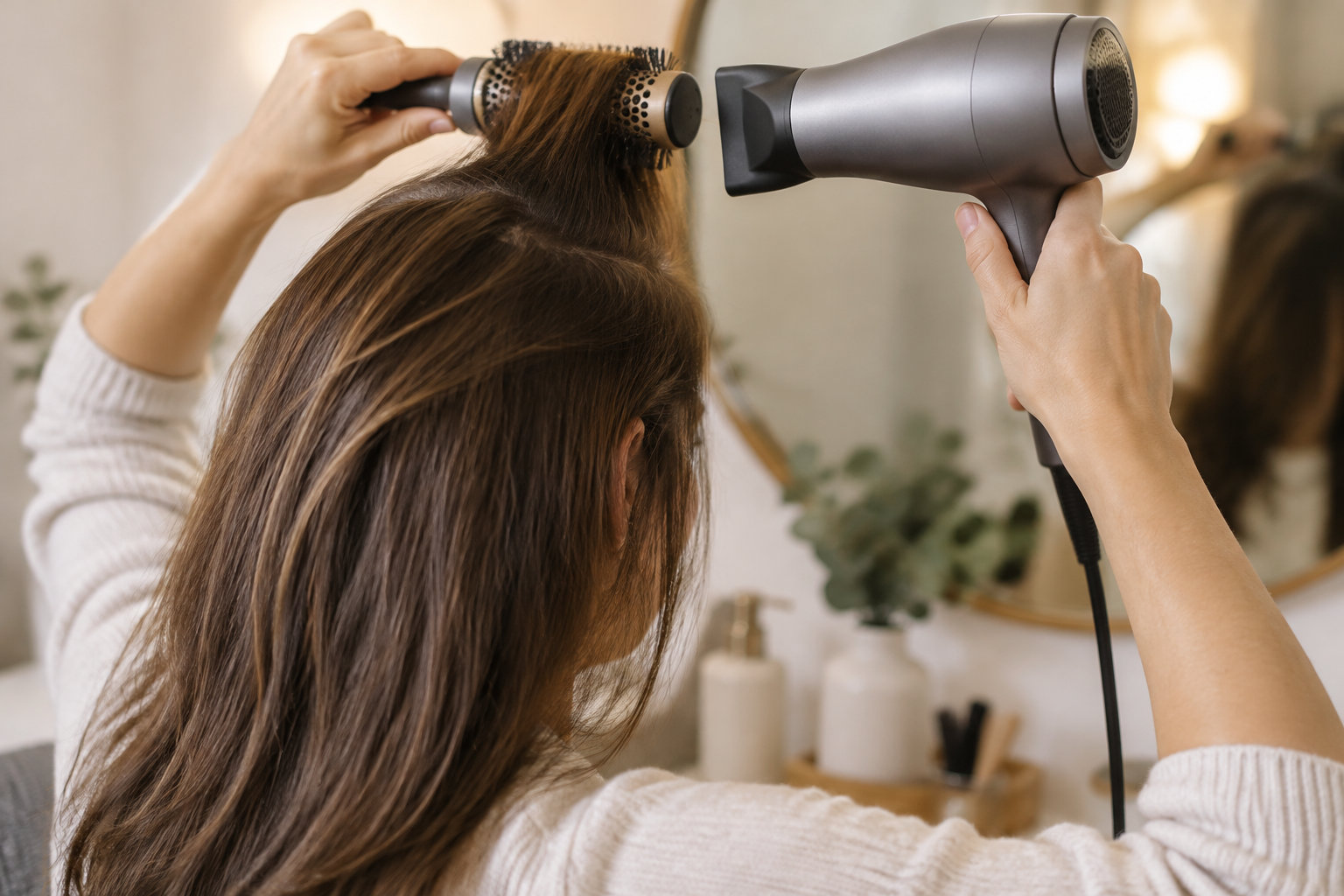 Une femme se sèche les cheveux au sèche-cheveux en les brossant avec une brosse ronde devant un miroir.