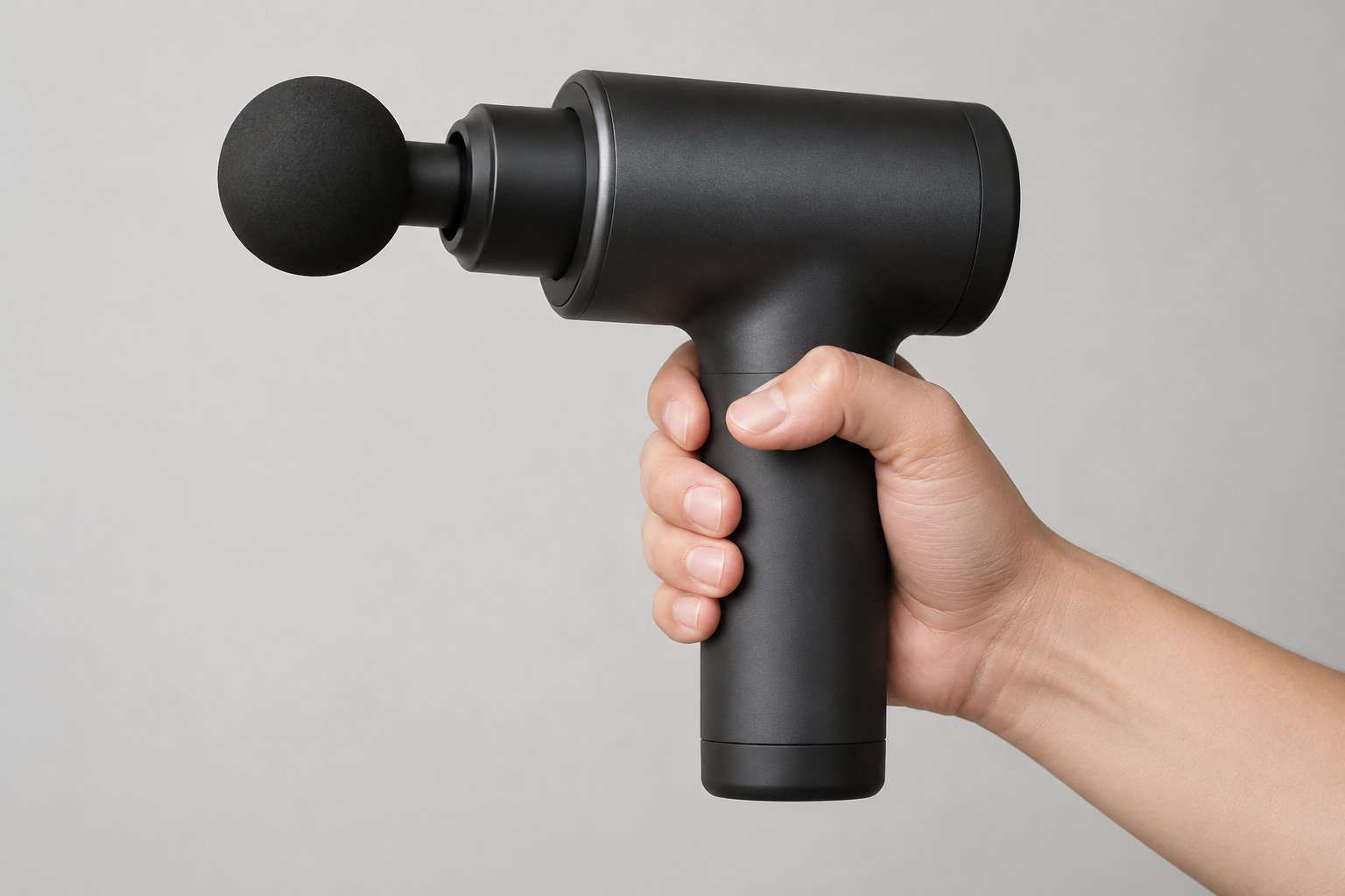 Une main tient un pistolet de massage noir devant un fond gris clair.